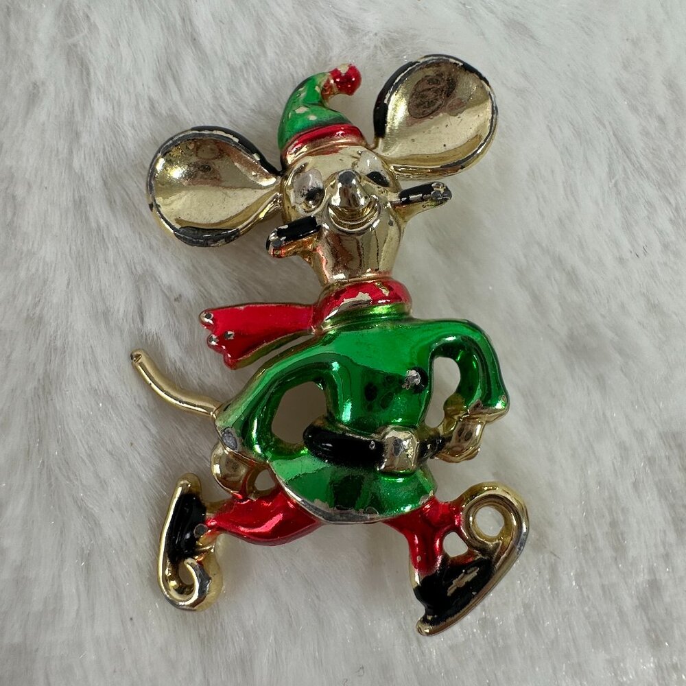 Vintage Signed BJ cute figural skating christmas mouse Red Green enamel Brooch
